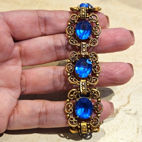 Vintage Jewelry - Vintage Cobalt Blue Rhinestone Filigree Goldtone Bracelet 7.25" x .75"